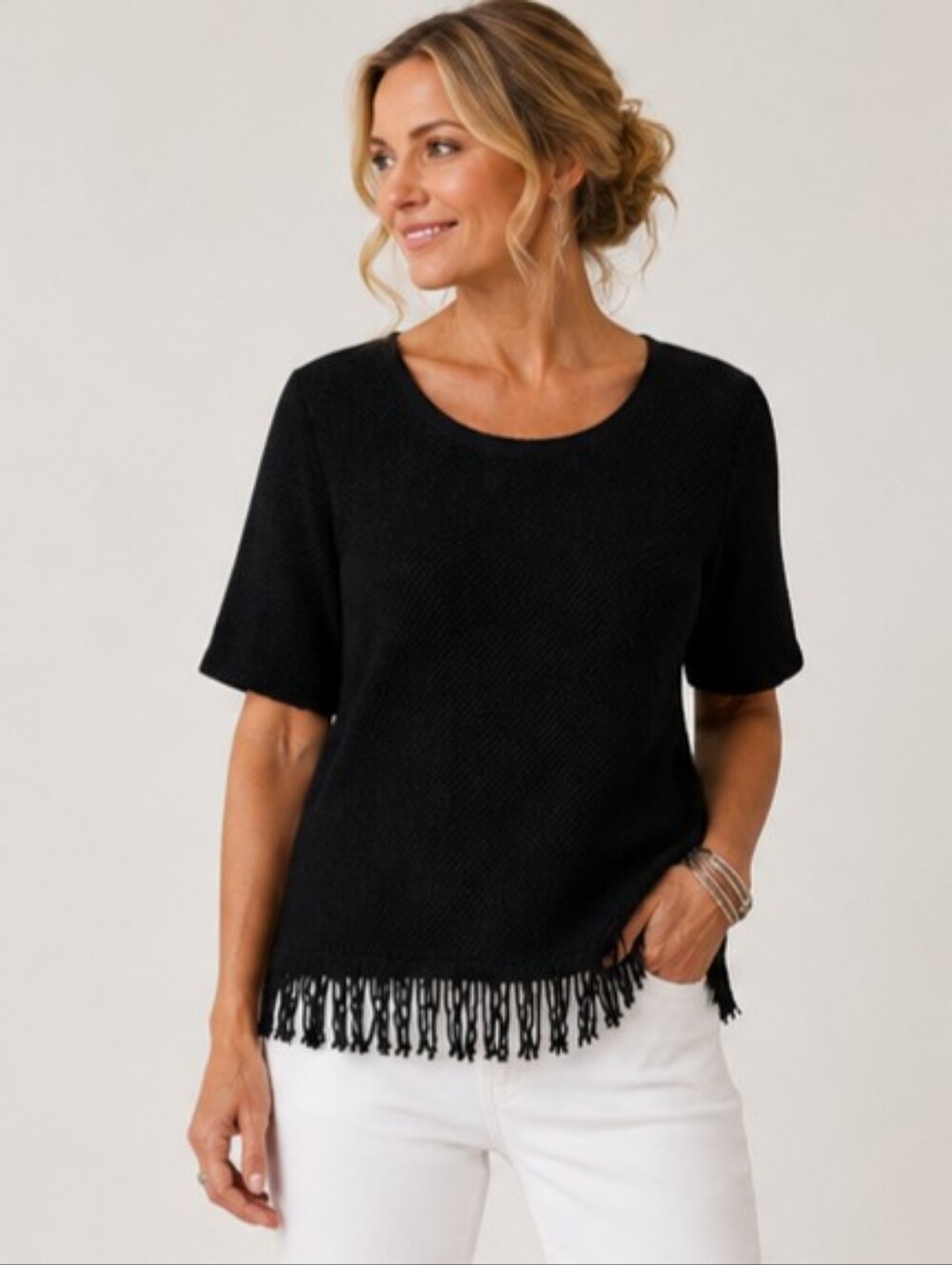 Chico's Black Textured Knit Fringe Hem Top Med/8 (Chico's 1) NWT